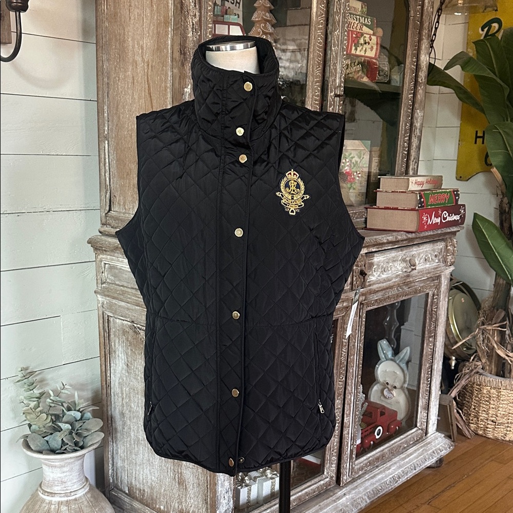 Lauren Ralph Lauren QUILTED VEST CREST CRESTED BLACK XL NEW